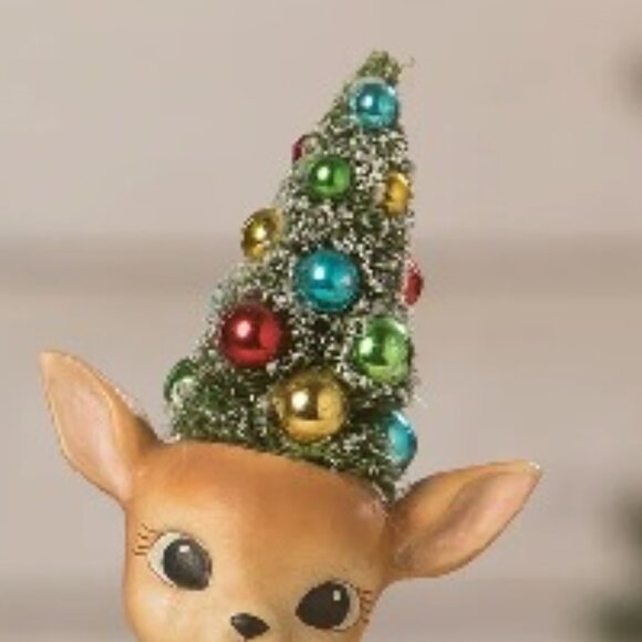 Bethany Lowe Christmas Merry & Bright Resting Reindeer w/ Bottlebrush Tree NEW - Picture 2 of 4